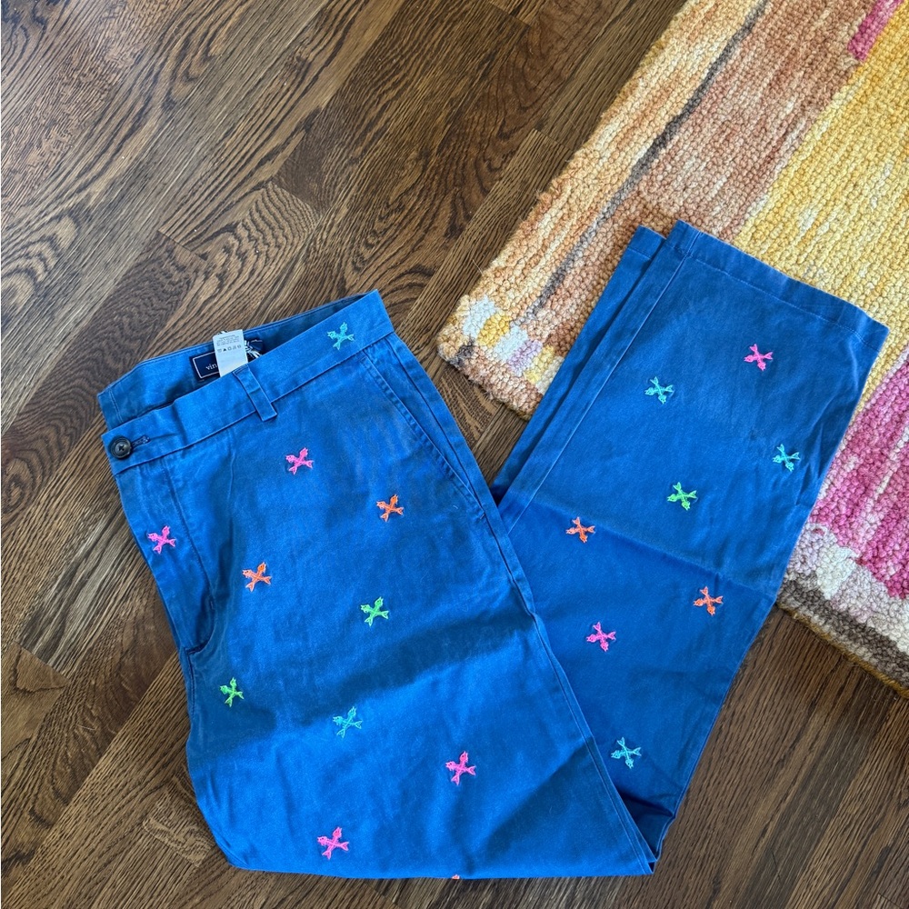 Vineyard Vines Blue Breaker Pants with Pink and Aqua Embroidery 38x30